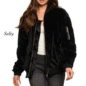 Salty Black Ruched Long Sleeve Velvet Zipper Bomber Jacket NIB One Size